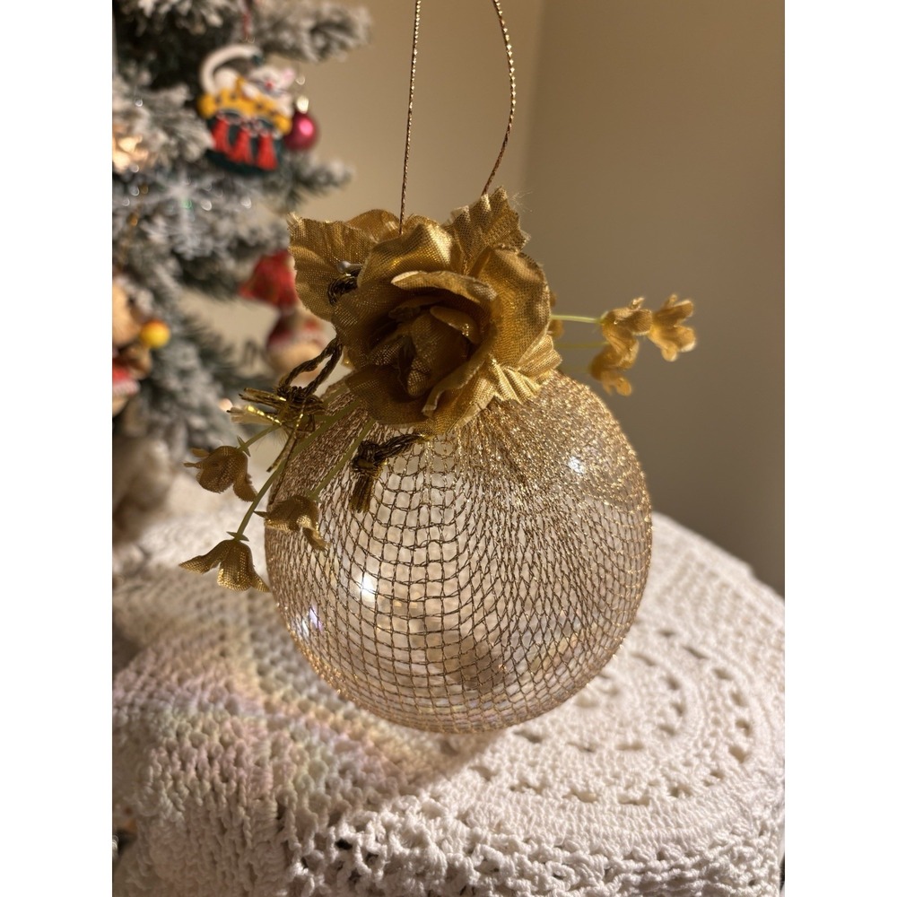 Vintage Neiman Marcus Iridescent Glass Ornament Adorned w Gold Trim Gold Flowers